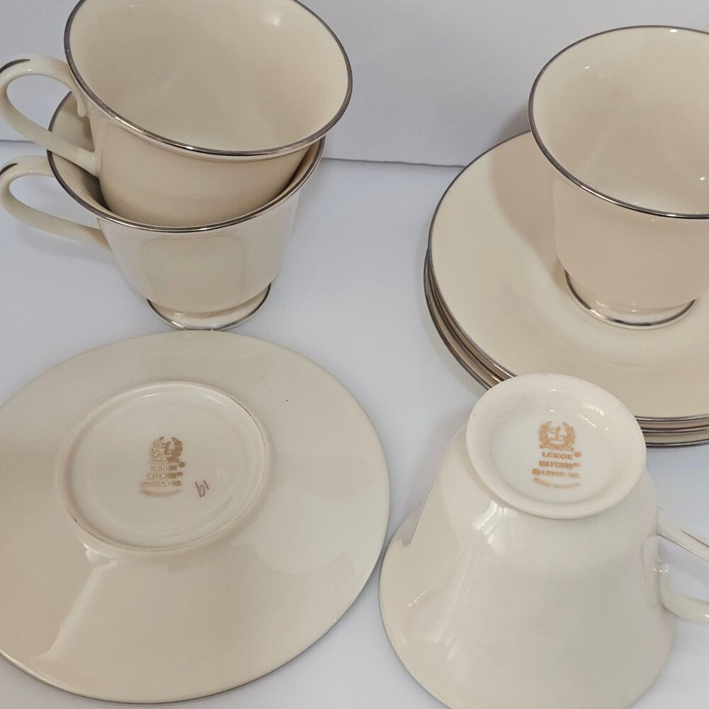 4 Lenox Maywood Footed Cup & Saucer Set 3" Platinum Trim elegant romance glam - Picture 4 of 7